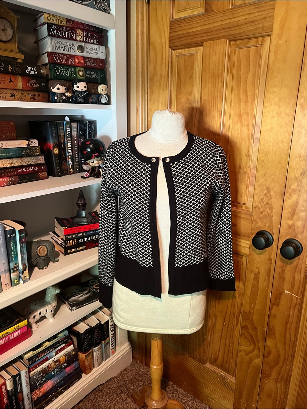 Adrienne Vittadini Black and White Geometric Knit Cardigan Blazer